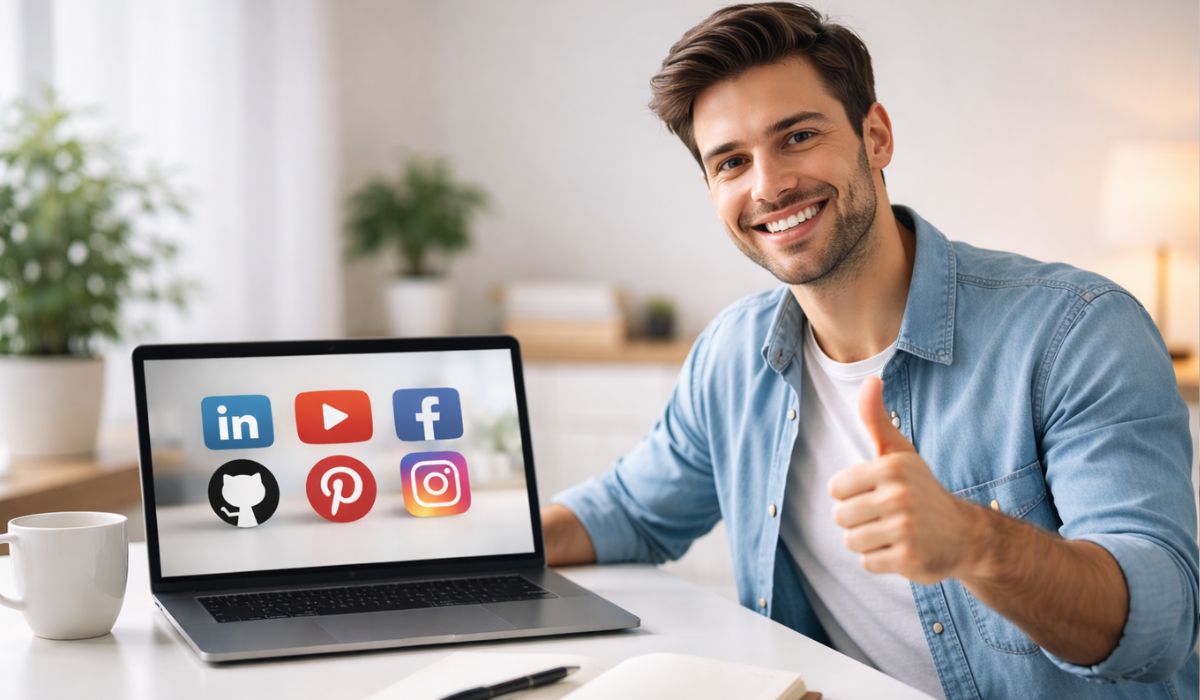 Young professional smiling at laptop showing organized digital profiles in a clean modern workspace, representing personal branding success.