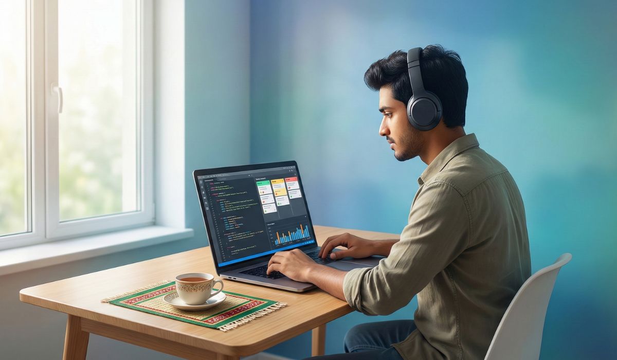 ফ্রিল্যান্সিং এর কাজ কিভাবে করতে হয় এবং ল্যাপটপে কাজ করার দৃশ্য