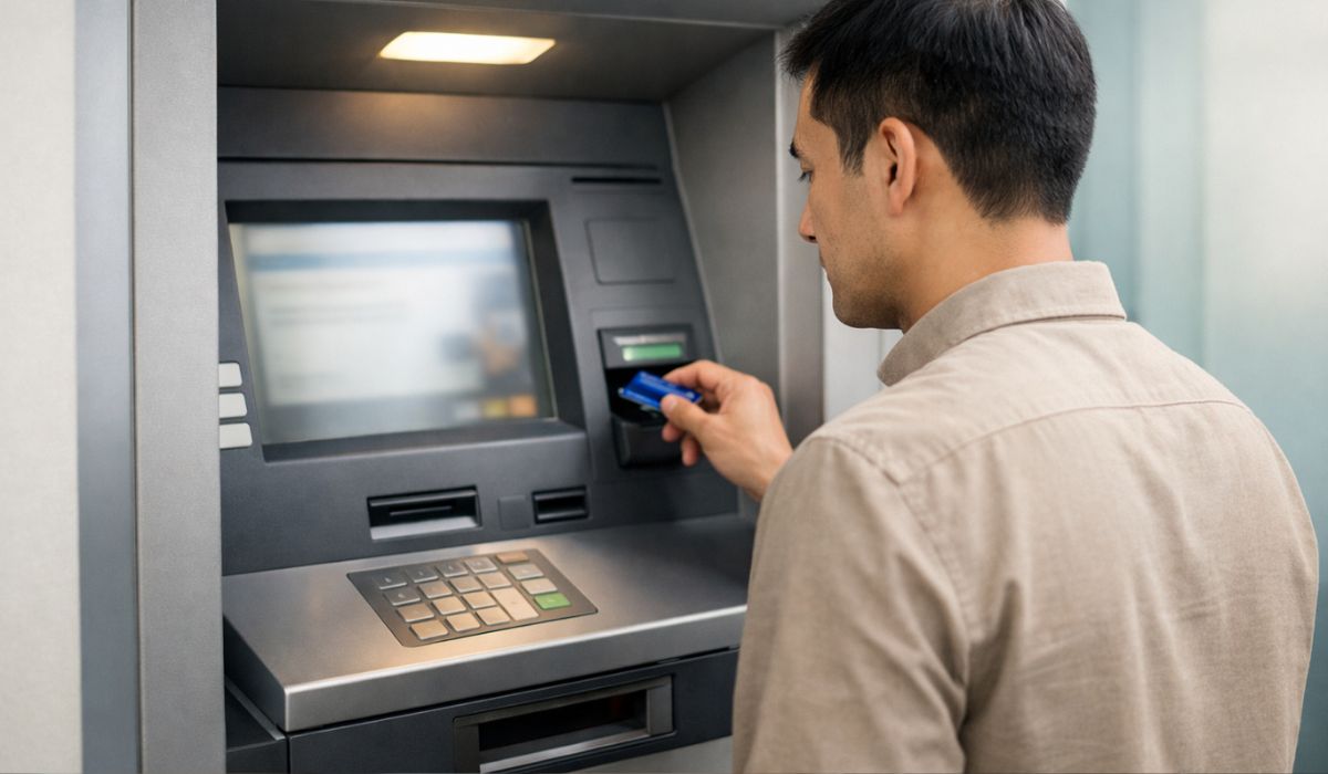 ভিসা কার্ডে প্রতিদিন টাকা তোলার লিমিট বোঝাচ্ছে এমন এটিএম ব্যবহার দৃশ্য