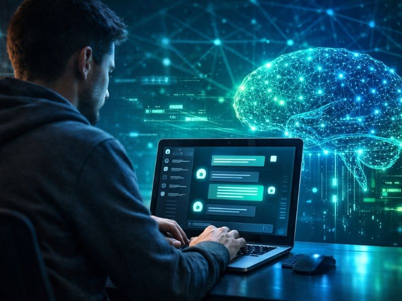 Futuristic AI chatbot interface with neural network and data flow representing ChatGPT technology