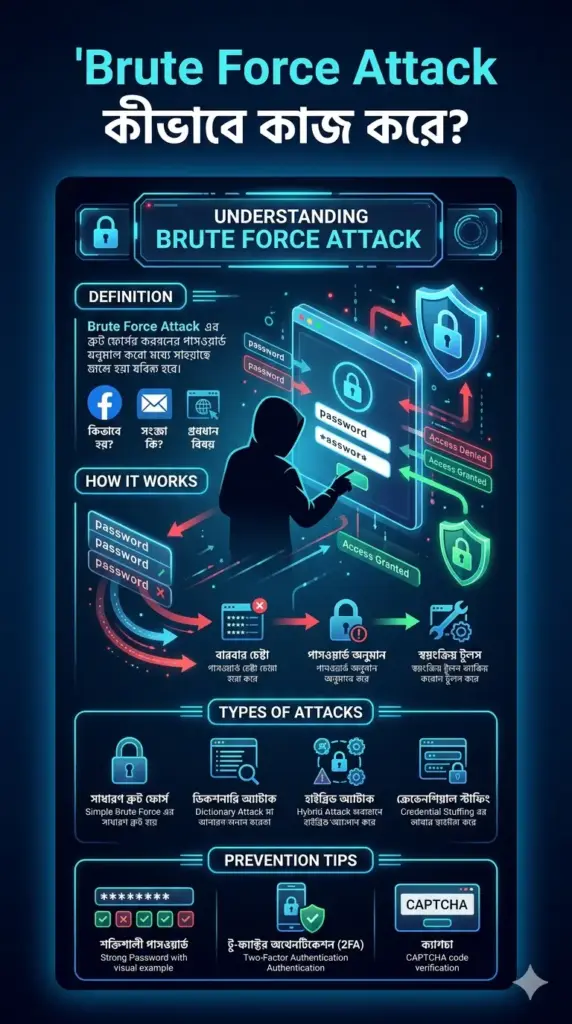 A professional cybersecurity infographic in Bengali and English explaining Brute Force Attacks. It features a hacker silhouette, a visual flow of password attempts, and sections on attack types (Dictionary, Hybrid) and prevention methods like 2FA and CAPTCHA.