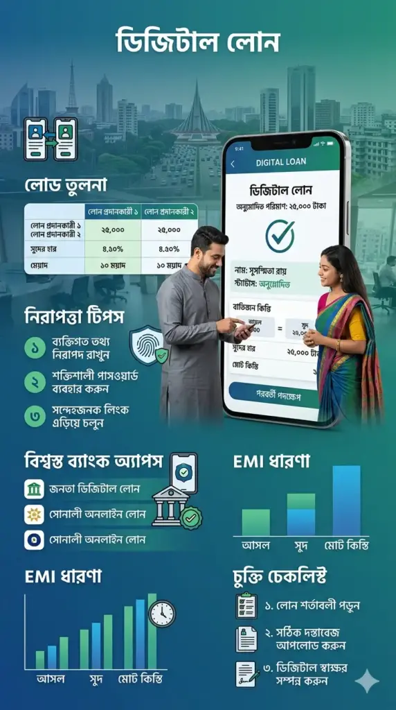 লাদেশে ডিজিটাল লোন অ্যাপ চেনার উপায় এবং নিরাপত্তা টিপস ইনফোগ্রাফিক