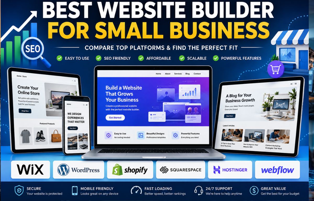 Best Website Builder for Small Business comparison featuring Wix WordPress Shopify Squarespace Hostinger and Webflow platforms