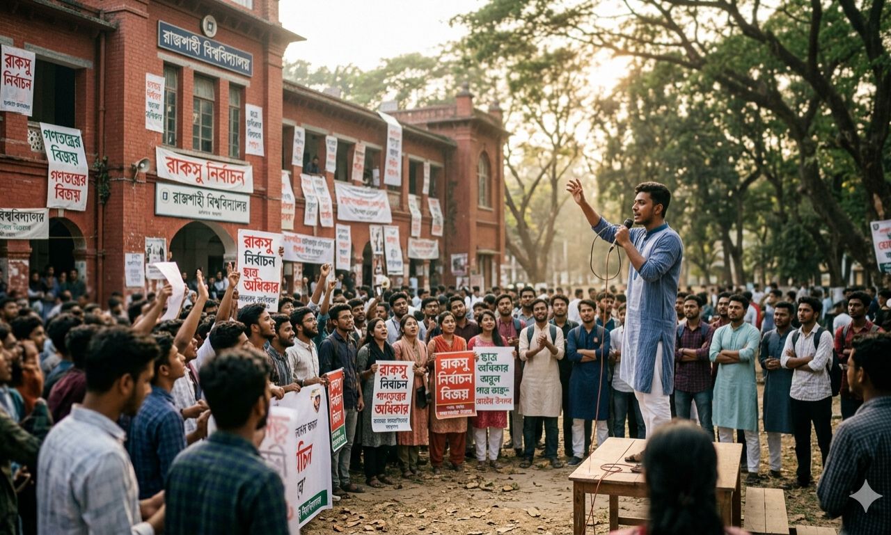 রাজশাহী বিশ্ববিদ্যালয় কেন্দ্রীয় ছাত্র সংসদ রাকসু নির্বাচন উপলক্ষে শিক্ষার্থীদের প্রচারণার দৃশ্য