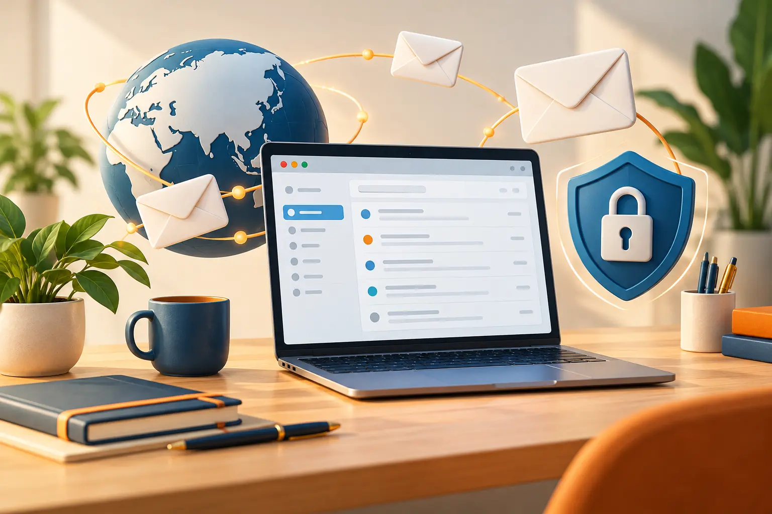 ইমেইল inbox-সহ ল্যাপটপ, খাম, globe ও নিরাপত্তা shield-এর illustration