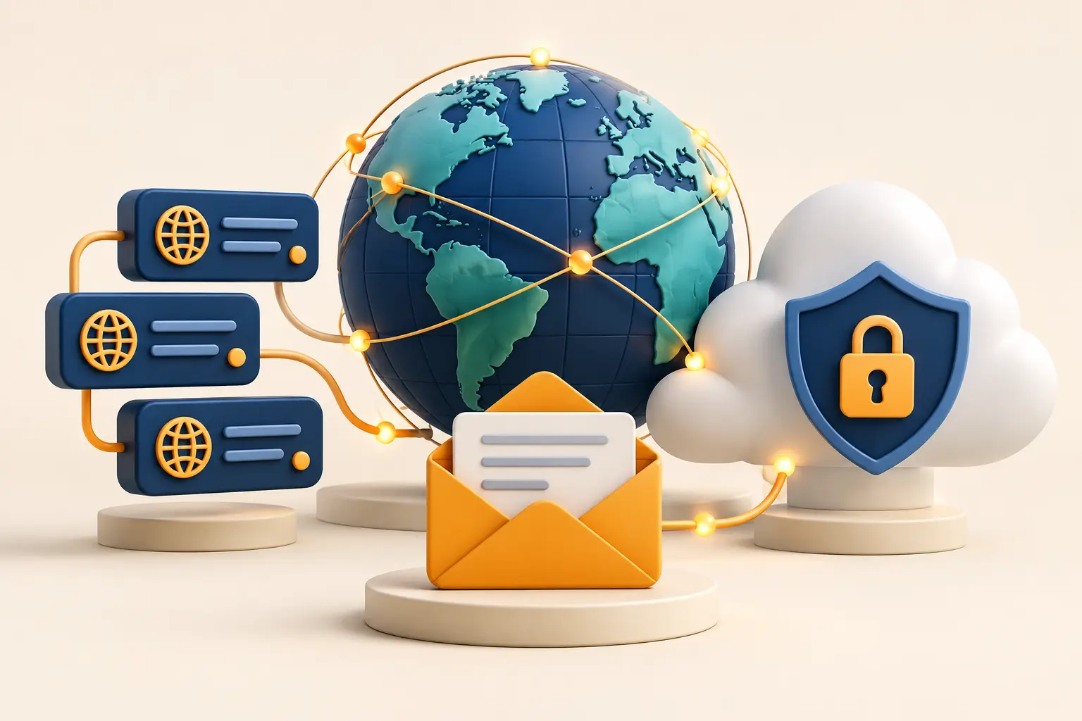 Globe, DNS record tiles, email envelope ও cloud shield-এর illustration
