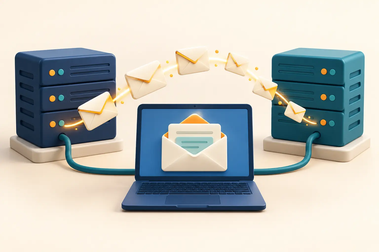 দুটি email server-এর মধ্যে খাম স্থানান্তর ও inbox-সহ ল্যাপটপের illustration
