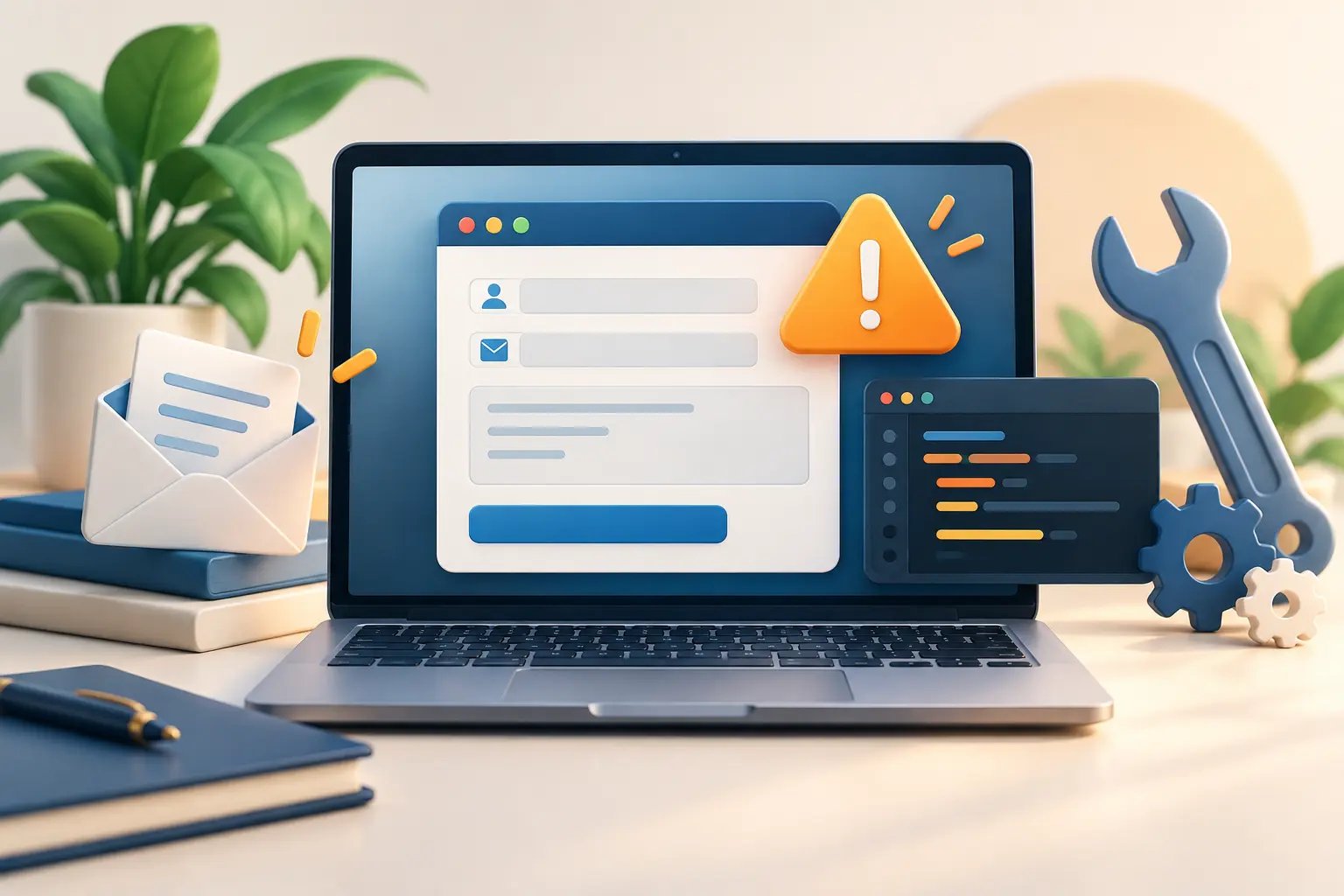 ল্যাপটপে contact form, সতর্কবার্তা ও troubleshooting tools-এর illustration