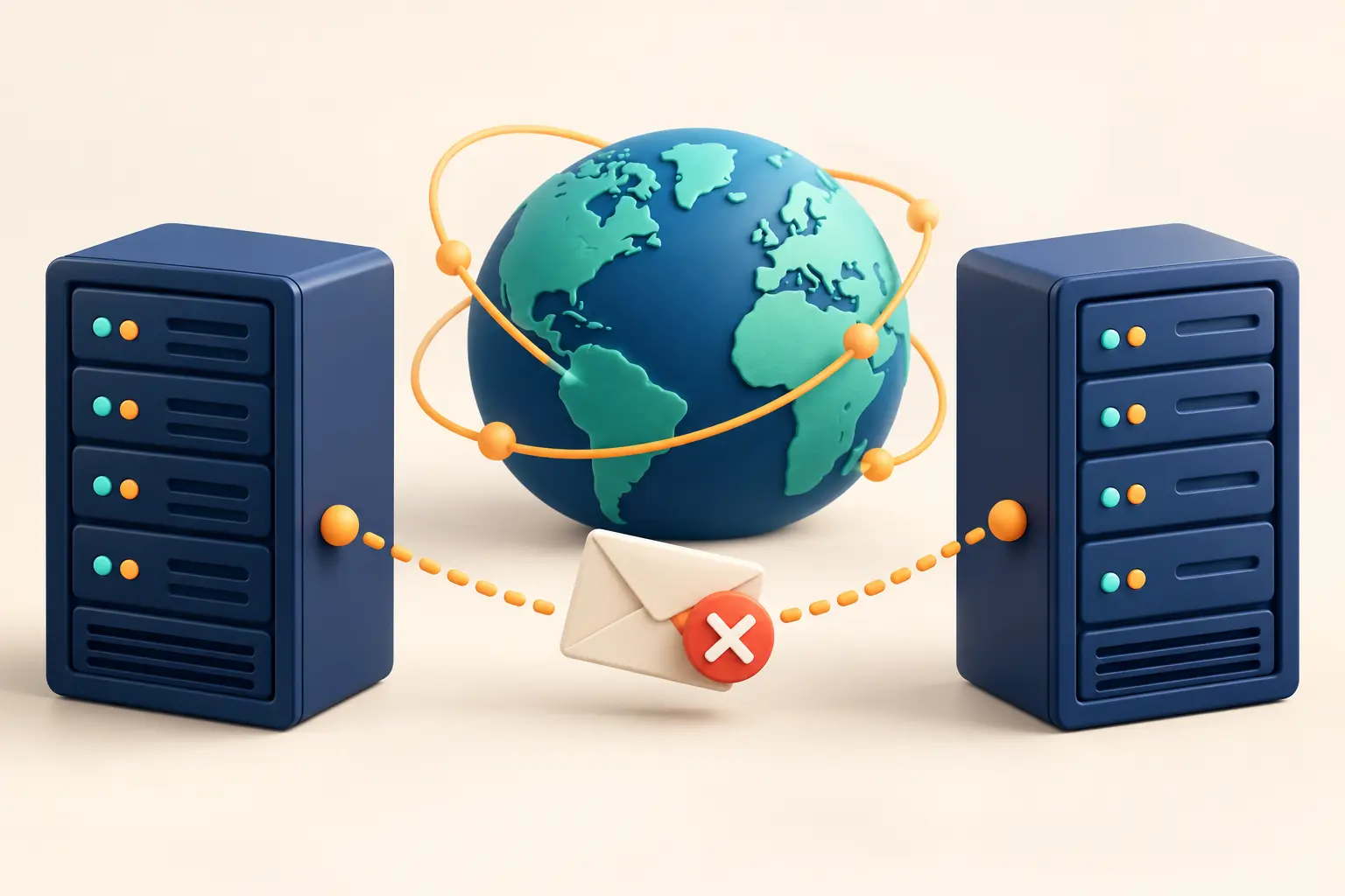 দুটি hosting server-এর মাঝখানে domain globe ও ব্যর্থ email connection-এর illustration