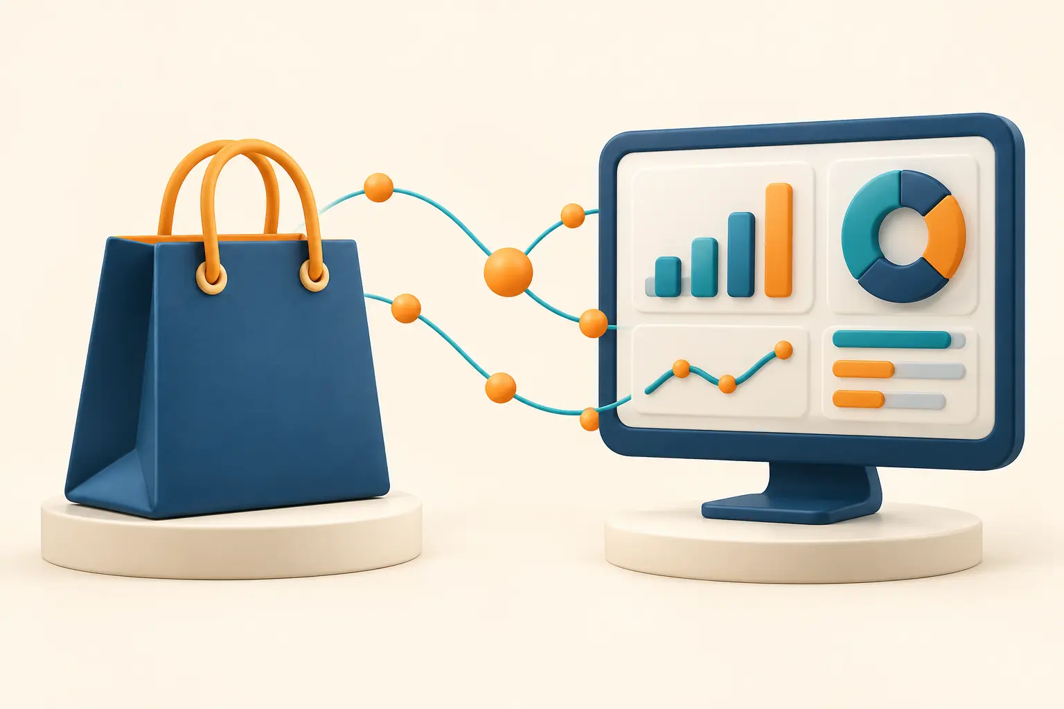 Shopping bag থেকে analytics dashboard-এ event যাওয়ার conceptual illustration