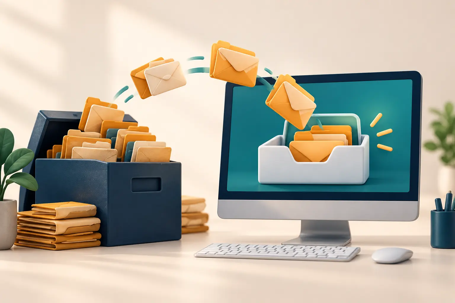 পুরোনো archive folder থেকে নতুন inbox-এ খাম নেওয়ার illustration