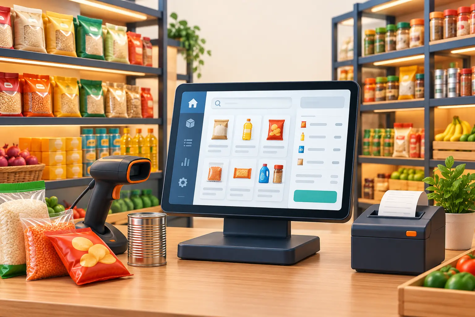 মুদি দোকানের counter-এ POS screen, barcode scanner ও receipt printer-এর illustration
