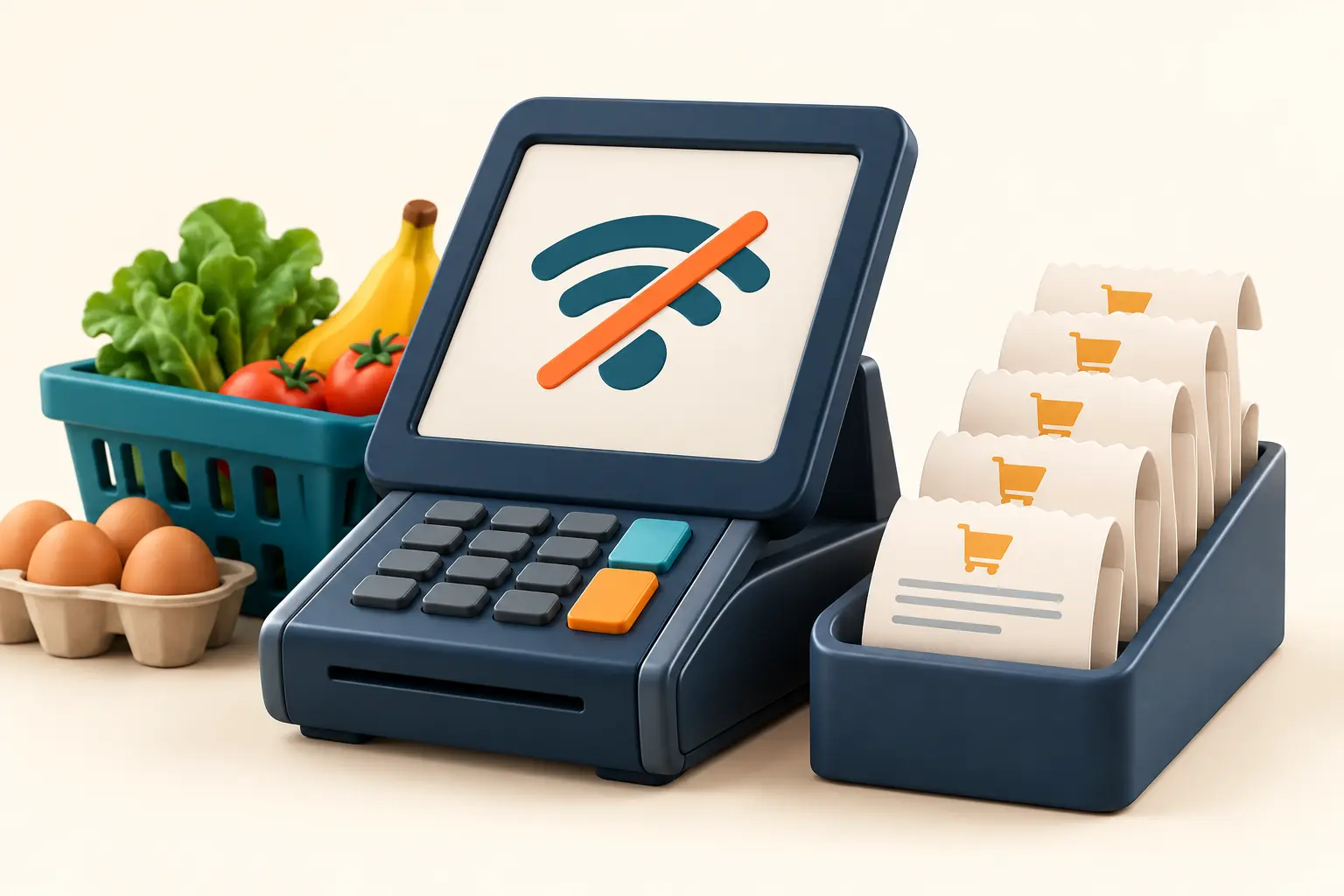 Offline চিহ্ন-সহ grocery POS terminal ও pending receipt queue-এর illustration