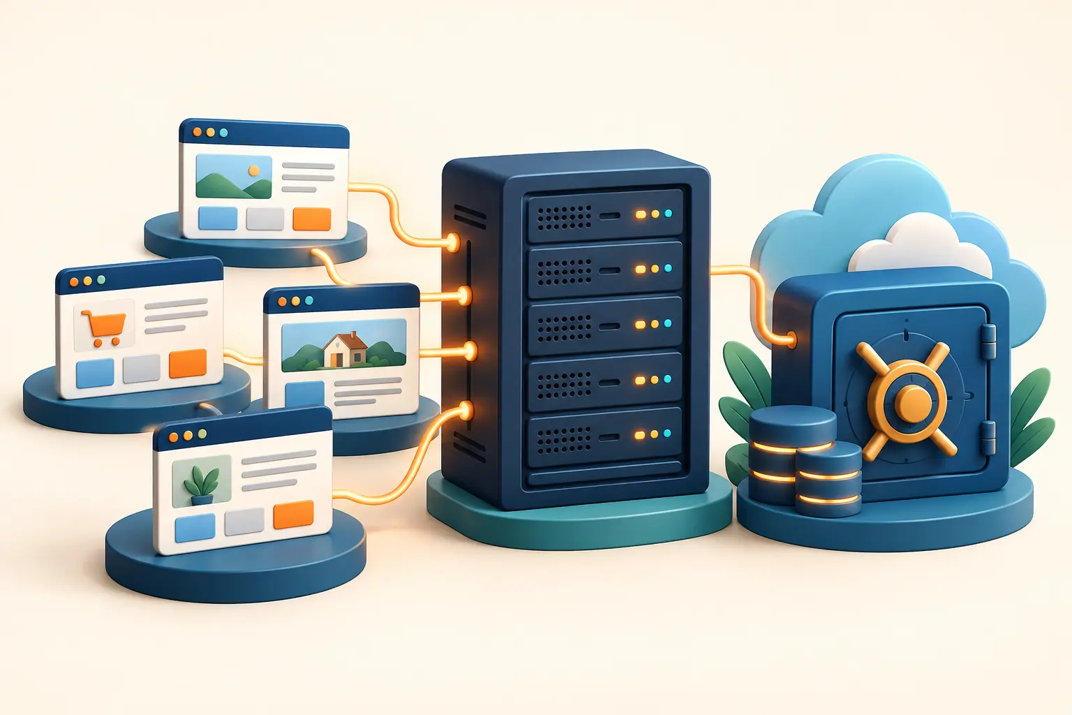 একাধিক client website, hosting server ও secure backup vault-এর illustration