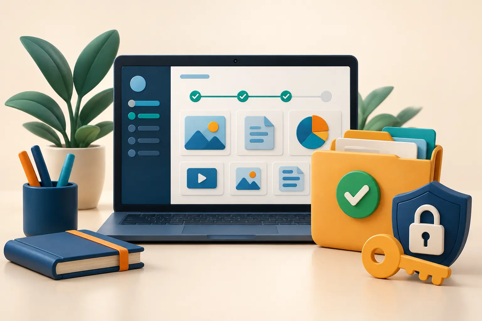 Project portal-সহ ল্যাপটপ, approved folder ও secure access key-এর illustration