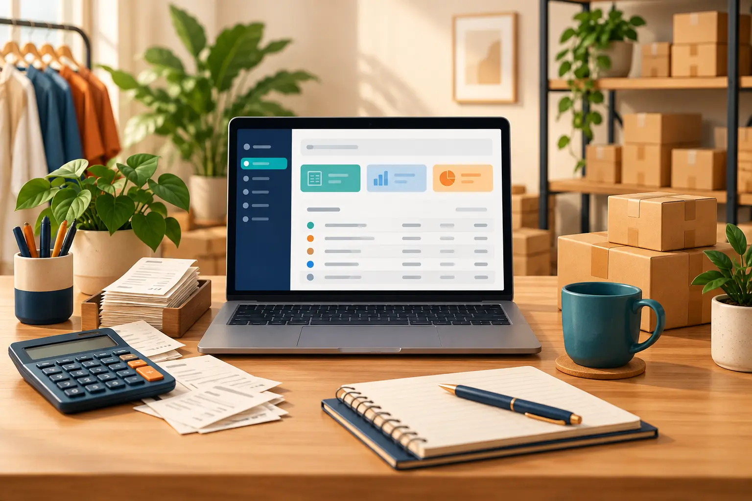 হিসাবের dashboard-সহ ল্যাপটপ, calculator, receipt ও stock box-এর illustration