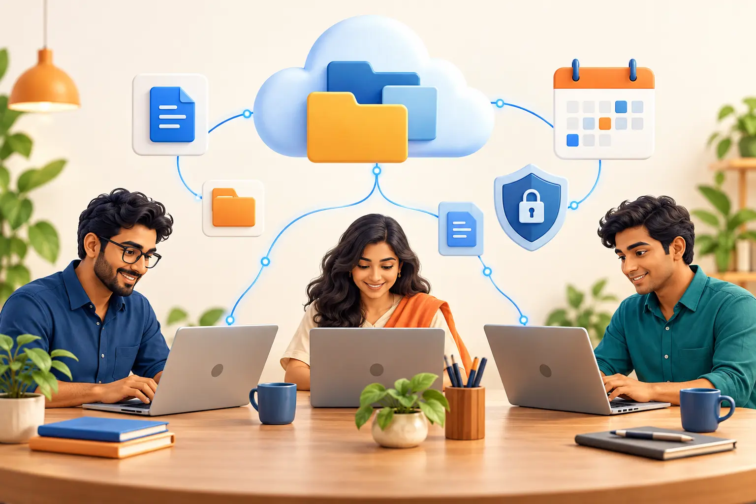 Cloud folder ও calendar-এর সঙ্গে যুক্ত তিনজন team member-এর illustration