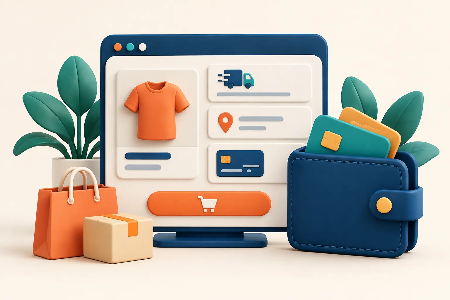 Modular checkout screen, wallet ও shopping bag-এর illustration