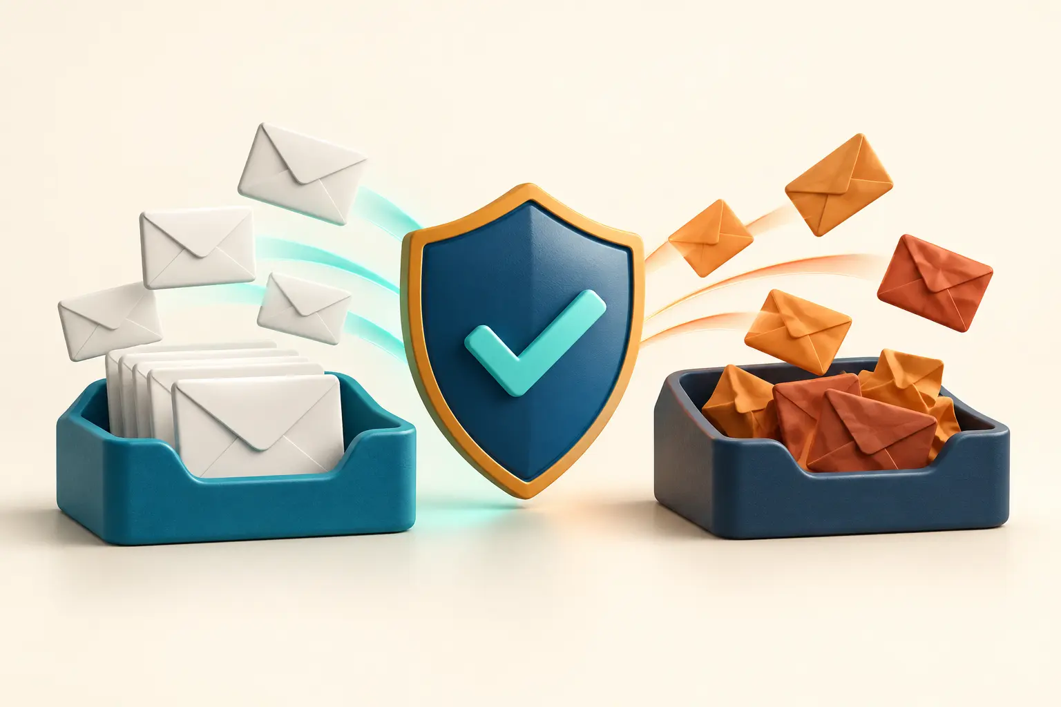Inbox ও junk tray-এর মাঝখানে authentication shield-সহ email illustration