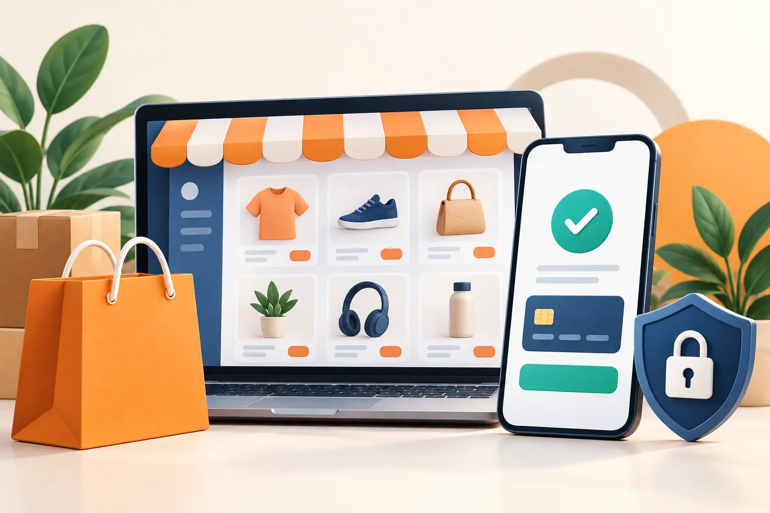 Online shop-সহ ল্যাপটপ, smartphone payment confirmation ও shield-এর illustration