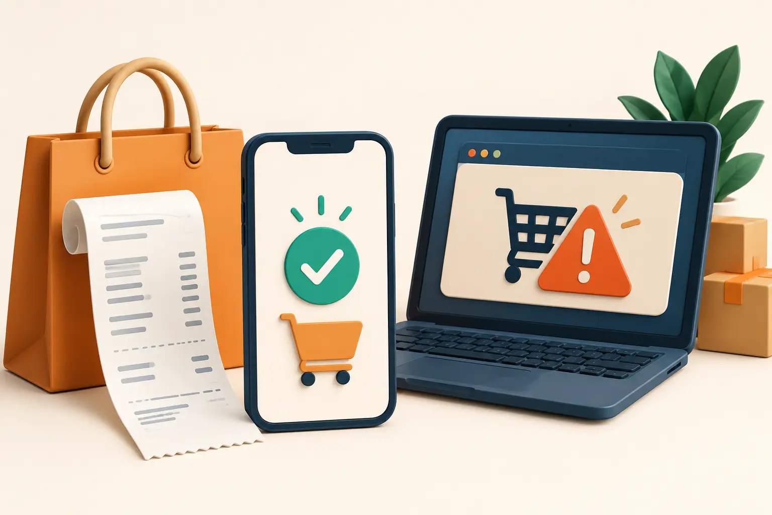 Smartphone-এ payment confirmation ও laptop-এ order warning-এর illustration