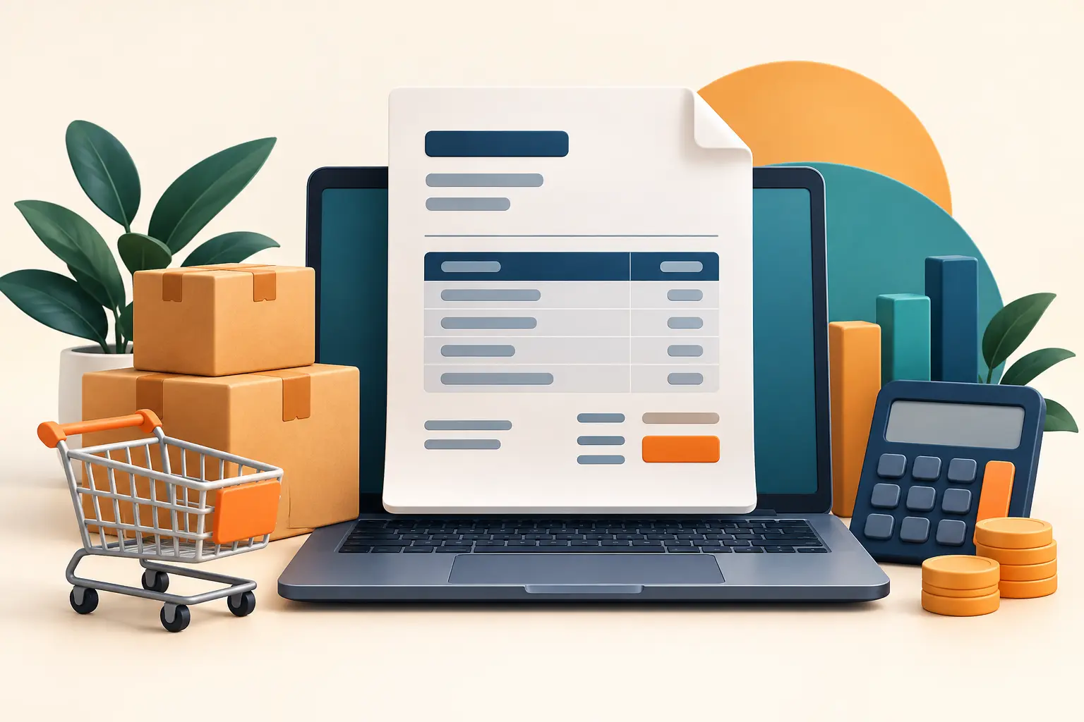 ল্যাপটপের সামনে invoice document, shopping cart ও calculator-এর illustration