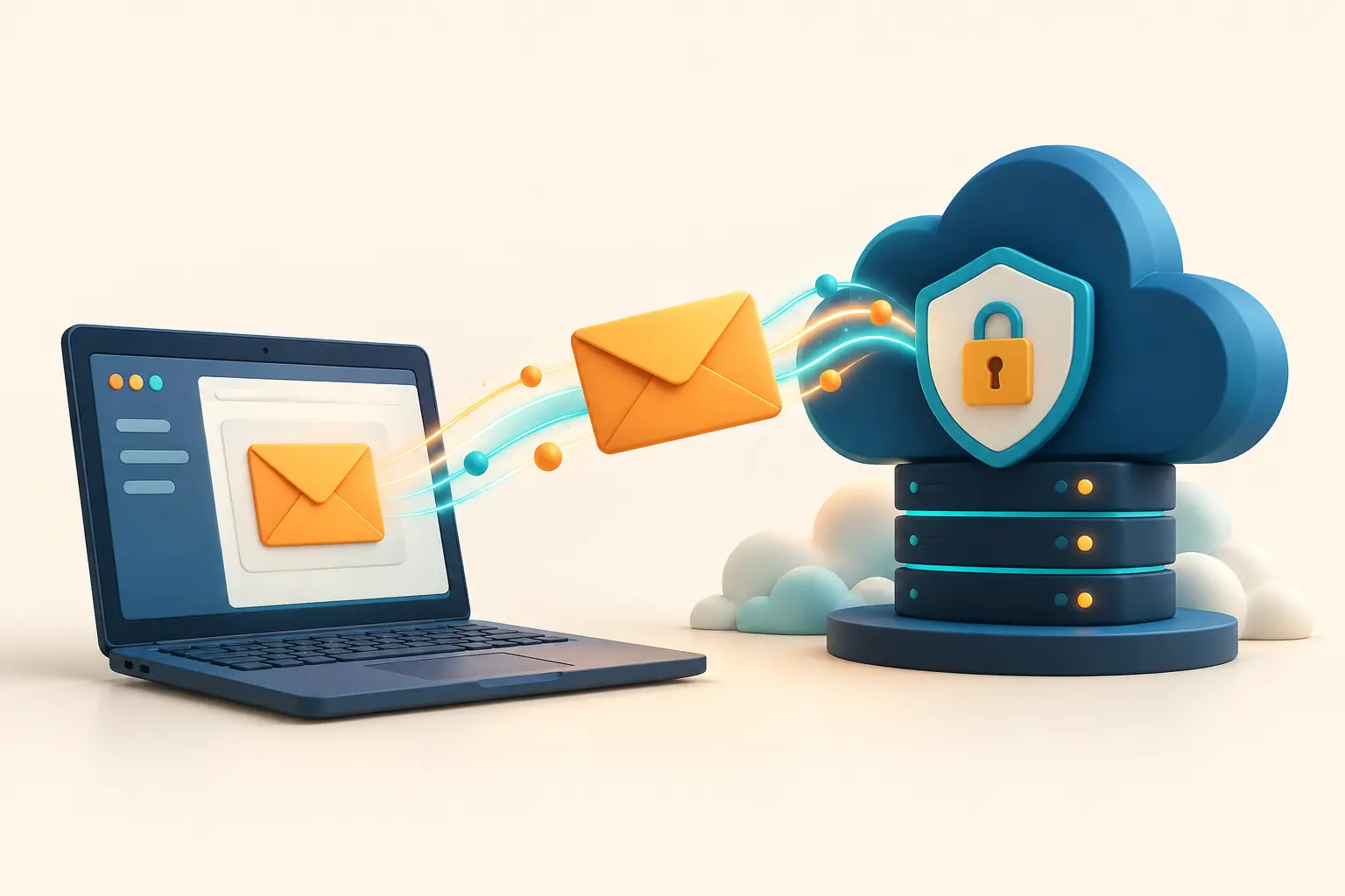 ওয়েবসাইট থেকে নিরাপদ cloud mail service-এ খাম পাঠানোর illustration