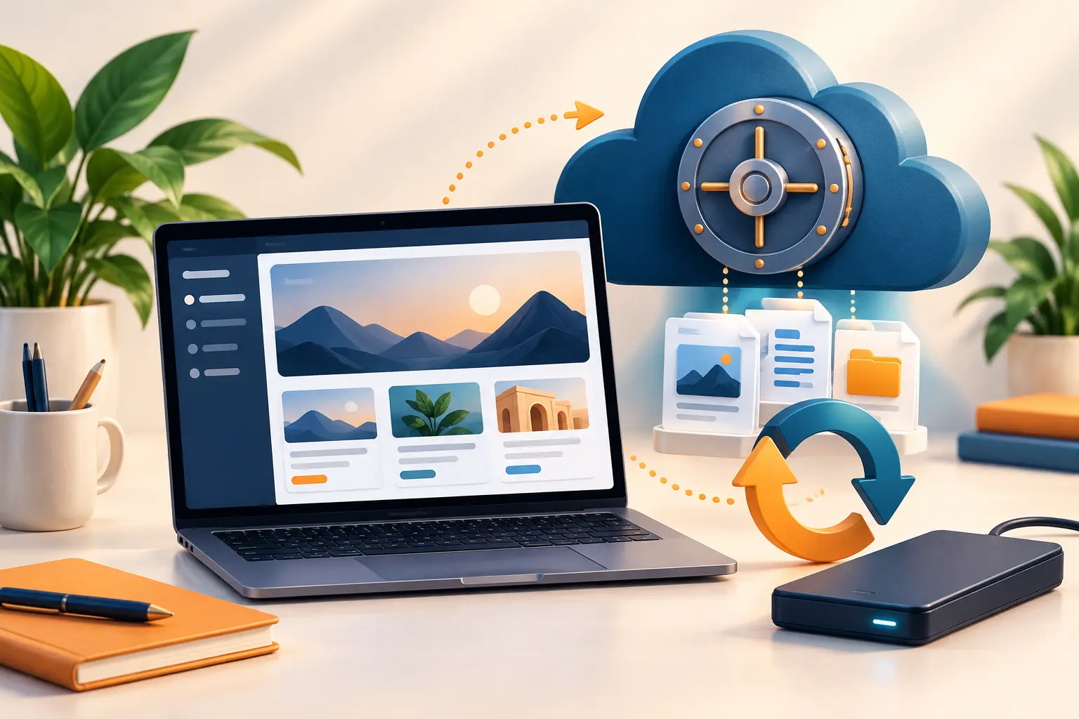 ওয়েবসাইট-সহ ল্যাপটপ, cloud vault ও recovery arrow-এর illustration