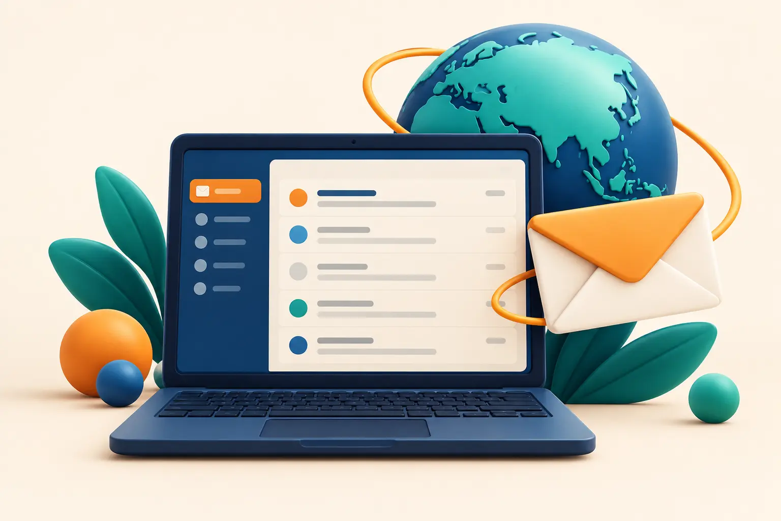 Business inbox-সহ ল্যাপটপের পাশে domain globe ও খামের illustration